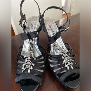 Lasonia  women’s black open toe  necktie shape strap High heels size 7.5”